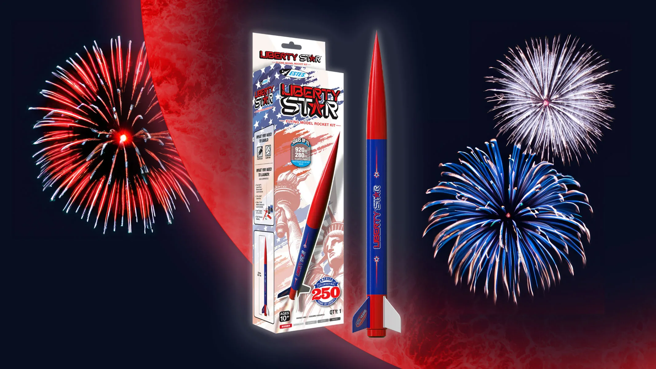 Estes Liberty Star Model Rocket: Best Way to Mark 250 Years Estes Liberty Star model rocket — The Estes Liberty Star rocket and packaging against a red planet background with red,