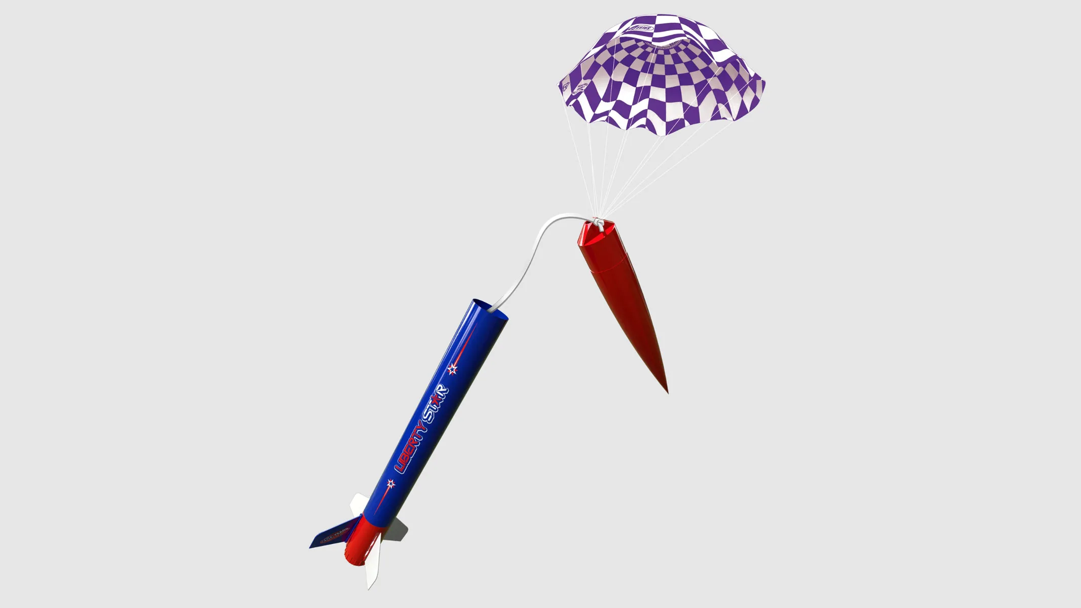 Estes Liberty Star Model Rocket: Best Way to Mark 250 Years The Estes Liberty Star with nose cone detached and parachute deployed on a grey background.