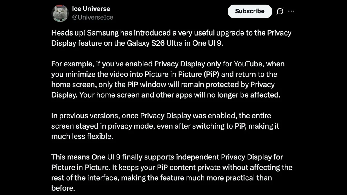 Privacy Display Gets a Key PiP Upgrade on Galaxy S26 Ultra ice universe x post privacy display pip mode