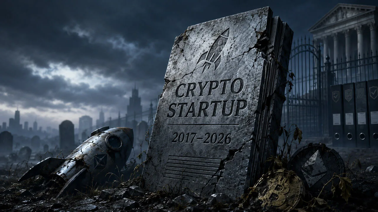 Crypto Startups in 2026: The $2M Compliance Wall Killing New Entrants crypto startups — Crypto startup graveyard illustration representing the death of the crypto startup as failed projects