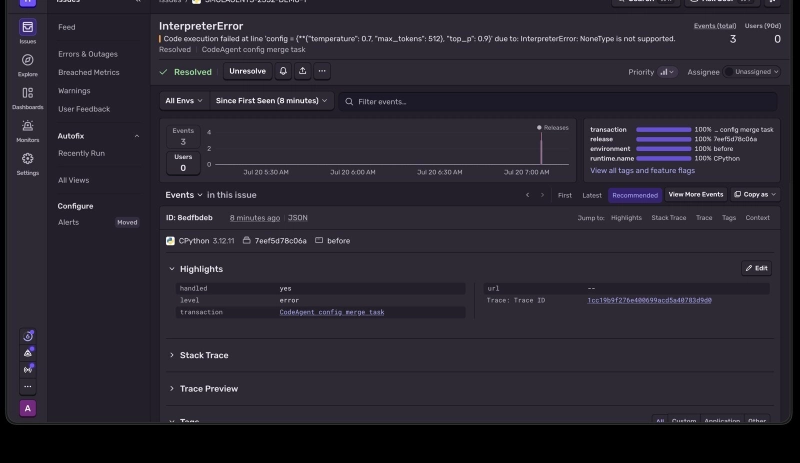 Smolagents Dict Unpacking Bug Wasted Three Agent Steps smolagents dict unpacking — Sentry issue showing InterpreterError NoneType is not supported, 3 events, environment befor