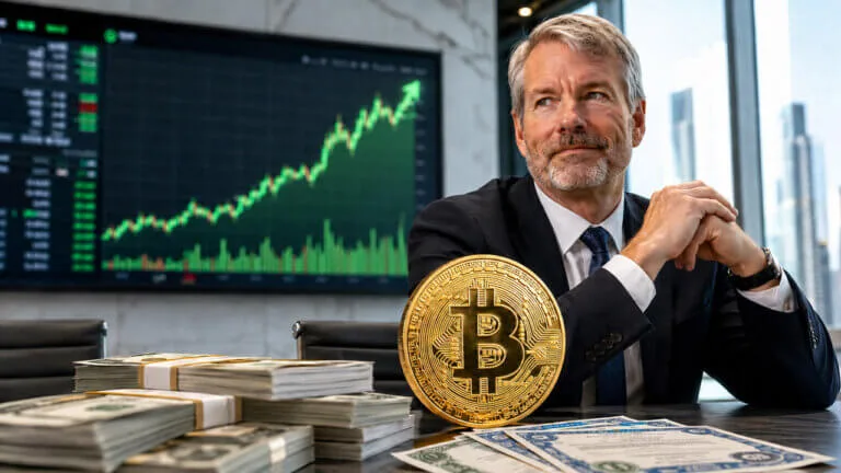 Bitcoin Treasury Sell-Off: K Wave's $64.2M Exit Explained Strategy Executive Chairman Michael Saylor holding a Bitcoin coin in front of a rising price chart.