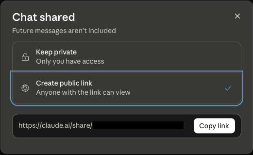 Claude Shared Chats Exposed a Critical Privacy Gap A screenshot of Claude’s “share chat” feature, when the user chooses the “Create public link” optionImage