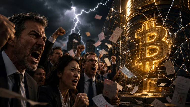 Bitcoin Treasury Sell-Off: K Wave's $64.2M Exit Explained bitcoin treasury sell-off — Illustration of shareholders confronting a towering Bitcoin symbol representing investor rev