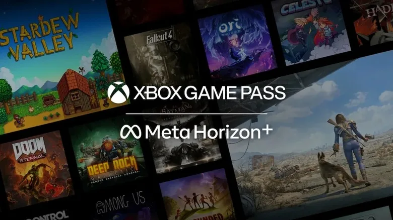 Meta Horizon+ Game Pass Adds 50+ Xbox Games to Quest Meta Horizon+ Game Pass — Graphic showing the Xbox Game Pass and Meta Horizon+ logos superimposed over key art for sever