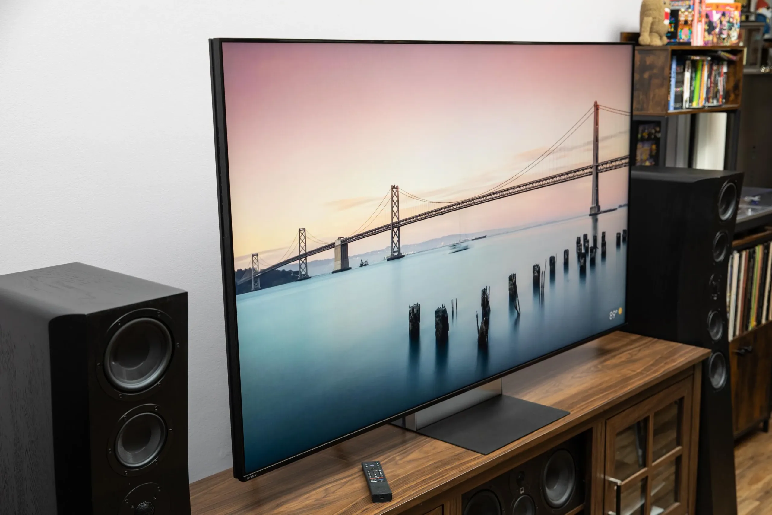 Sony Bravia 9 II review: the leading bright-room TV The Sony Bravia 9 II RGB LED TV on a wooden credenza with SVS speakers on either side.