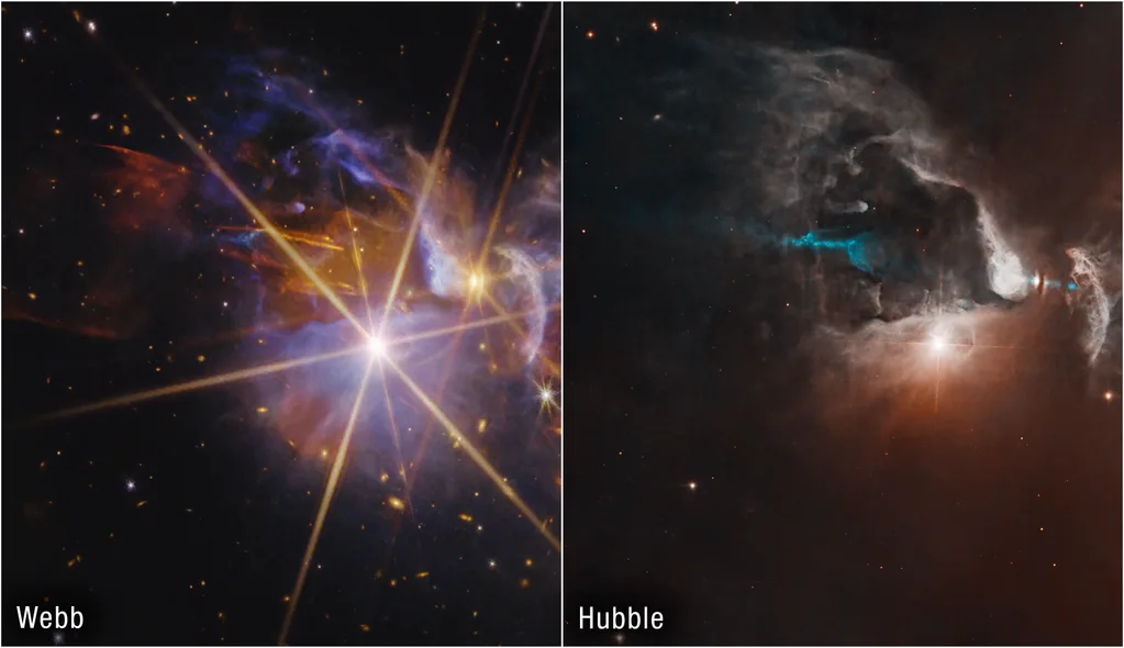 James Webb Telescope Captures New Images of Infant Stars in FS Tau Blue and gold swirls between bright spiked stars against a black background next to a cloudier image of the same region