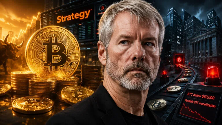 Tokenized Stocks vs Options: Do Crypto Users Actually Own Anything? Strategy Bitcoin market transition as Michael Saylor appears beside a Bitcoin symbol and market trading screens