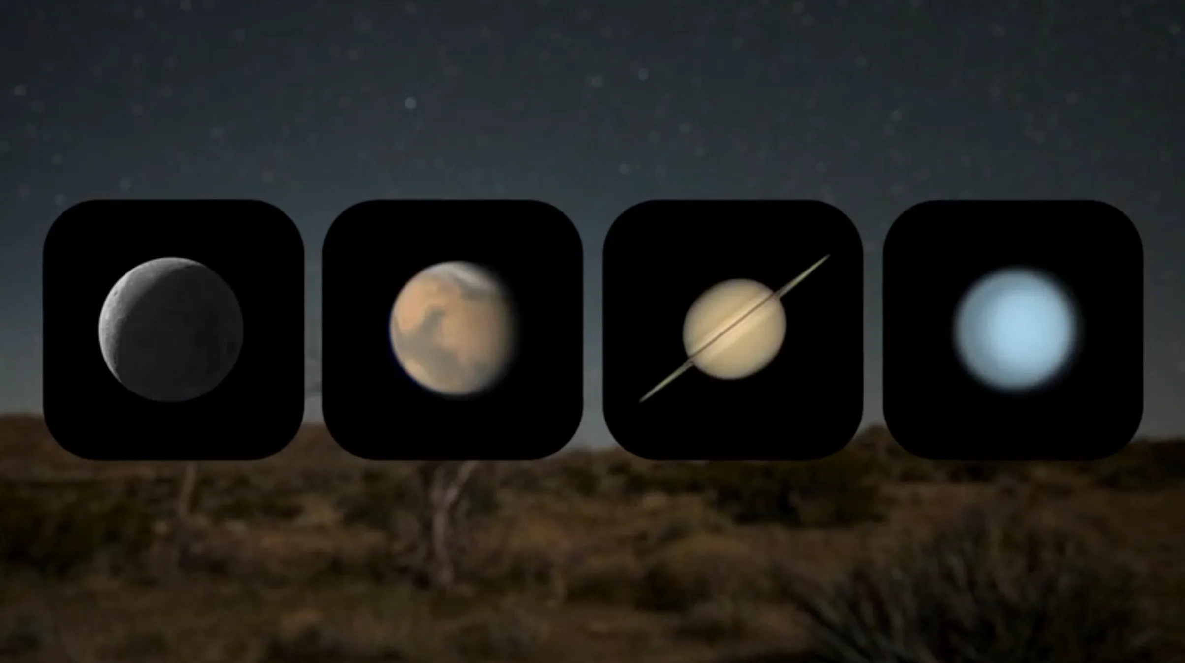 July 2026 Skywatching: Top NASA Tips for Planets, a Comet & the Milky July 2026 skywatching — Four black squares agains a night sky image. From left to right, the squares show the Moon, Mars