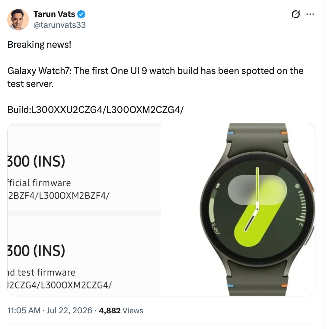 One UI 9 Watch testing hints at Samsung’s update plans One UI 9 Watch — Galaxy Watch 7 One UI 9 leak