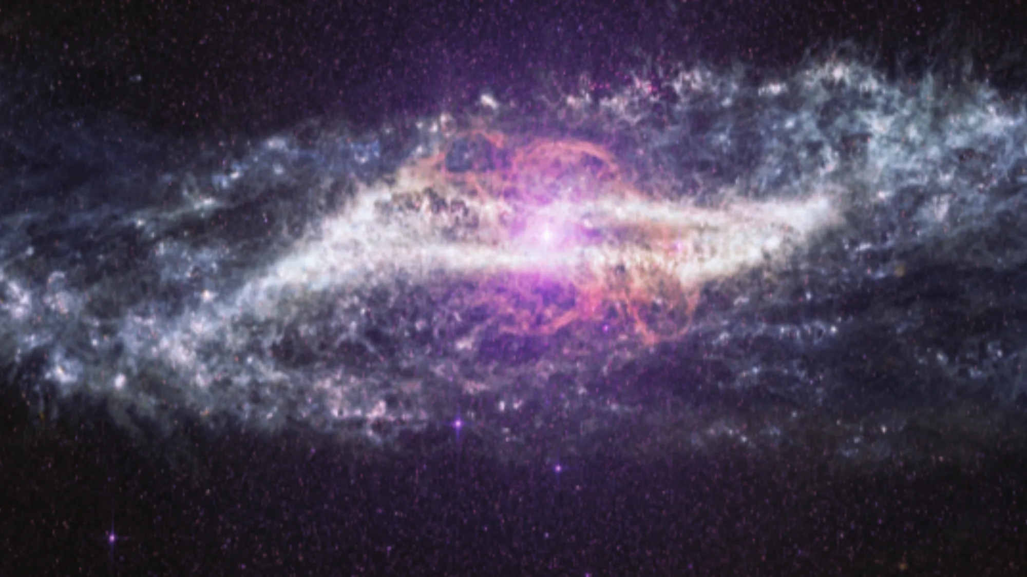 James Webb Space Telescope Turns 4 — New Images Reveal Galaxy Crash Si James Webb Space Telescope 2026 — A purplish and white structure against a dark background.