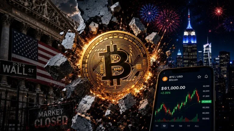Bitcoin Rally Hits a $66K Ceiling — Options Traders Aren't Buying It Y Bitcoin Freedom Money Independence Day graphic with Bitcoin breaking through Wall Street closure and 24/7 trading theme