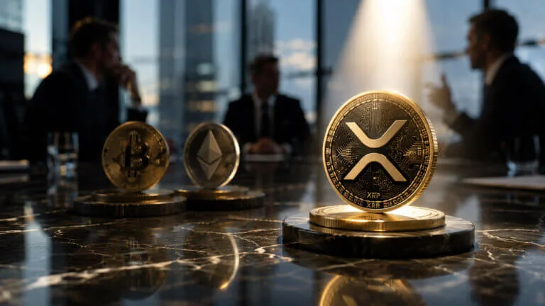 XRP ETF Demand Now Has to Carry the Market After Leverage Flush XRP token in a boardroom with institutional investors and rising price chart representing growing institutional demand f