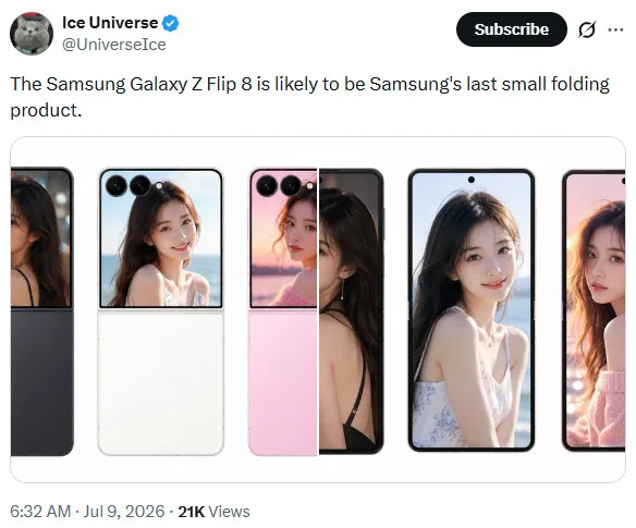 Samsung Z Flip 8 Could Be the Last Flip — Major Leak Suggests Samsung Z Flip 8 — Samsung Galaxy Z Flip 8 last flip Ice Universe