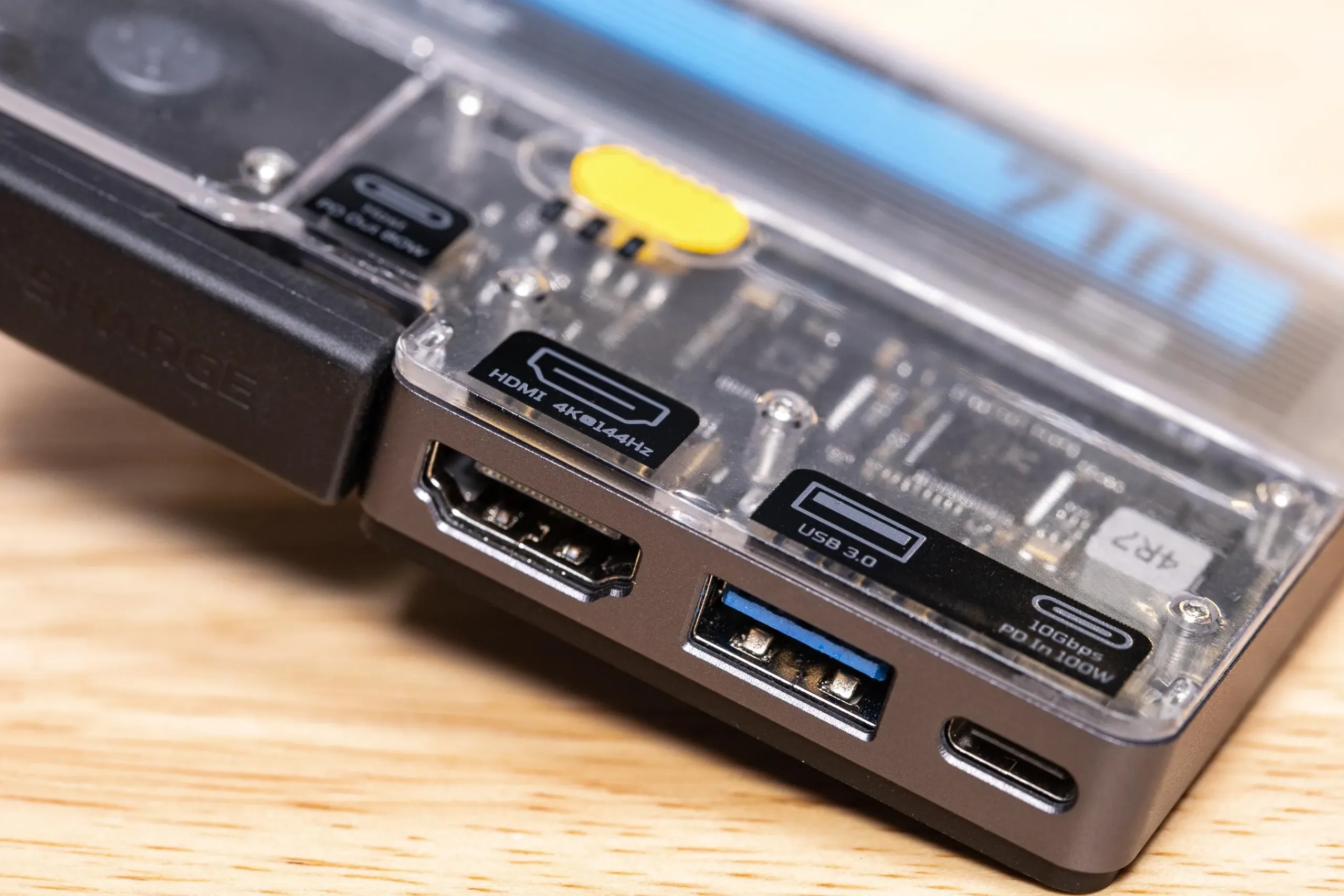 Sharge Disk Pro 2 turns an SSD into a serious travel dock The main HDMI, USB-A, and USB-C charger port are all on one edge.
