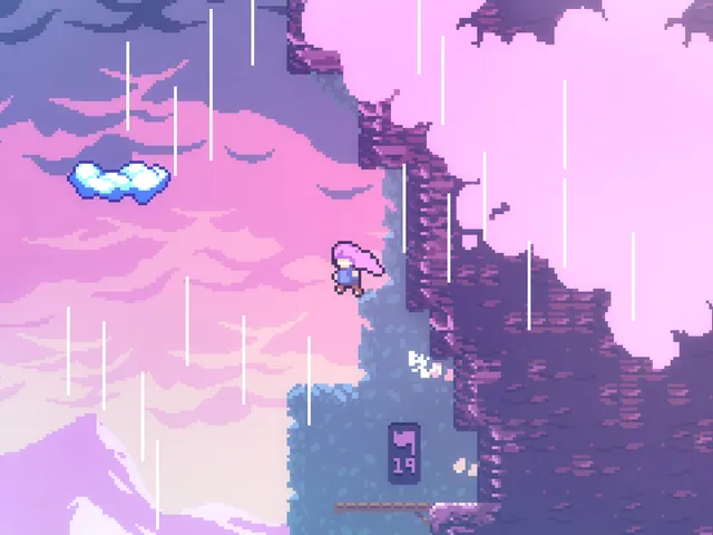PlayStation Deals: The Essential Guide to Saving on PS5 Games screenshot of Celeste game featuring pixelated skyline and character jumping