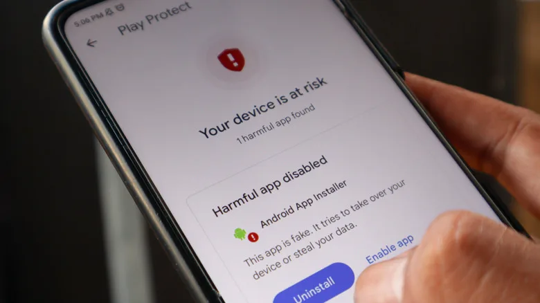 Android Antivirus Apps: The Expert Guide to What You Need The Google Play Protect menu on an Android smartphone, warning of an installed harmful app.