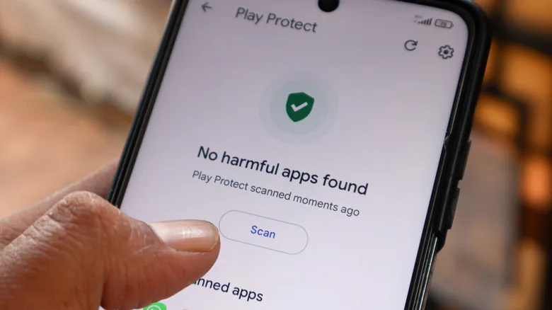 Android Antivirus Apps: The Expert Guide to What You Need Android antivirus apps — The Google Play Protect menu on an Android smartphone, confirming that no harmful apps are inst