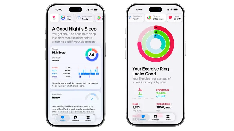 Apple Health App Gets a Major iOS 27.2 Beta Overhaul Apple Health app — Two screenshots of the Insights tab in the Health app displaying daily metrics and fitness informatio