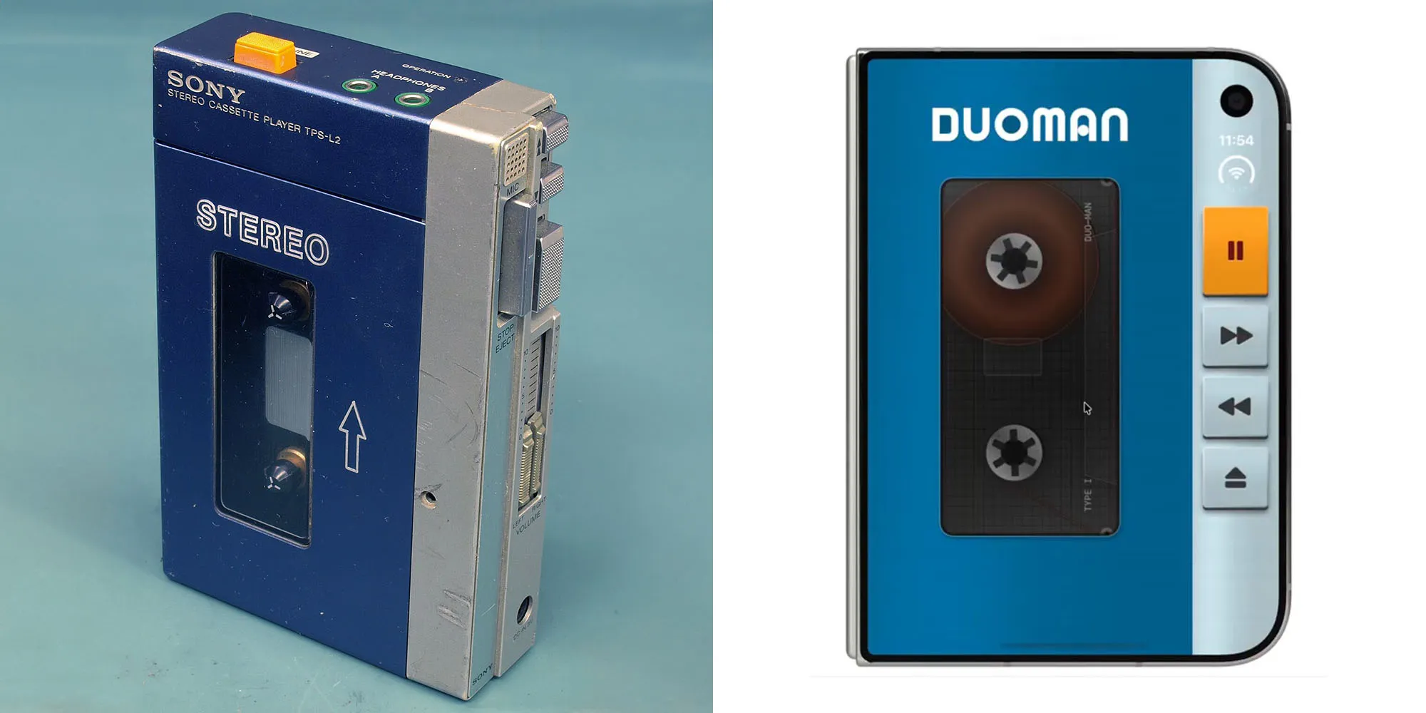 Duo-Man App Gives Apple Music a Walkman-Style Ritual Duo-Man app — Duo-Man (right) turns your 2026 iPhone Duo into a 1980s Sony Walkman (left)